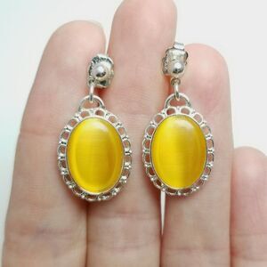 Vintage Yellow Cabochon Dangle Earrings, Silver Tone Setting, Bright Colorful